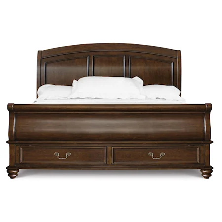 California King Sleigh Bed with Footboard Storage & Decorative Panels